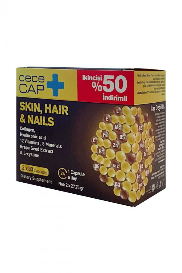 CeceCap Skin , Hair & Nails - Cilt , Saç & Tırnak - Takviye Edici Gıda 30 Kapsül - İkincisi %50 İndirimli