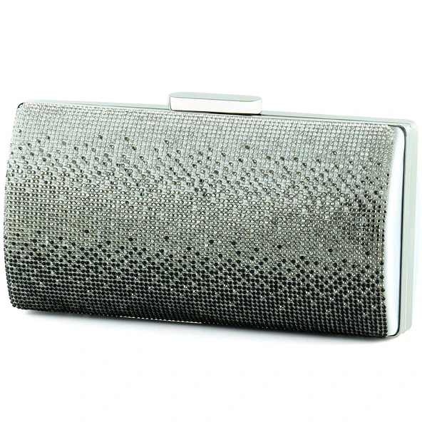 Erkan Saçmacı Gümüş Saten Degrade Kristal Taşlı Metal Saplı Abiye El Çantası