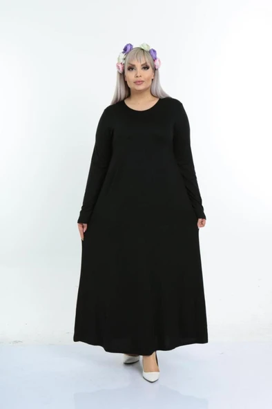 Kadın Büyük Beden Siyah Viskon Düz Elbise - 2