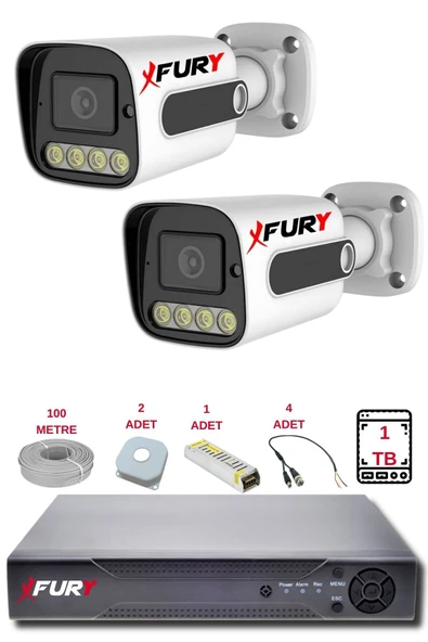 FURY 2 Kameralı Set Full HD Gece Renkli Görüş - Cepten İzle - Su Geçirmez Güvenlik Kamerası Seti 1TB - 2