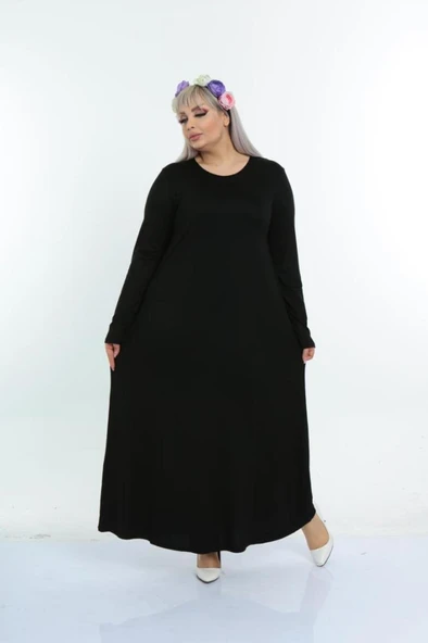 Kadın Büyük Beden Siyah Viskon Düz Elbise - 3