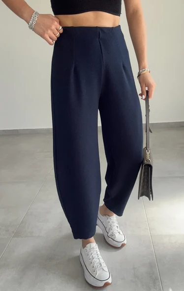 Kadın Beli Lastikli Esnek Balon Lacivert Pantolon - 2