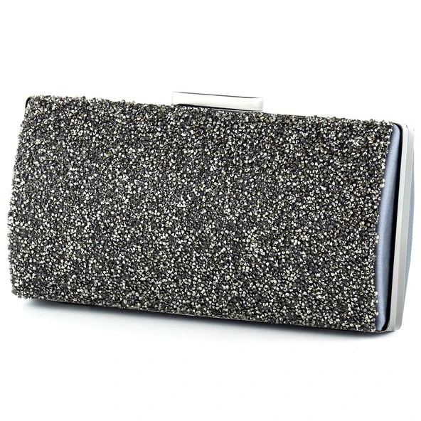 Erkan Saçmacı Antrasit Saten Kristal Granül Taşlı Metal Saplı Abiye El Çantası