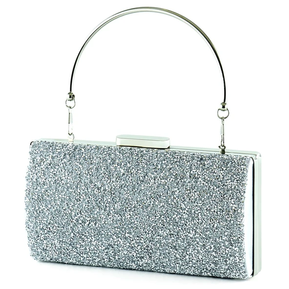 Erkan Saçmacı Gümüş Saten Kristal Granül Taşlı Metal Saplı Abiye El Çantası - 2