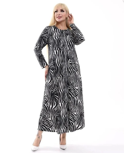 Kadın Büyük Beden Yumuşak Dokulu Siyah Beyaz Zebra Desen Elbise - 2