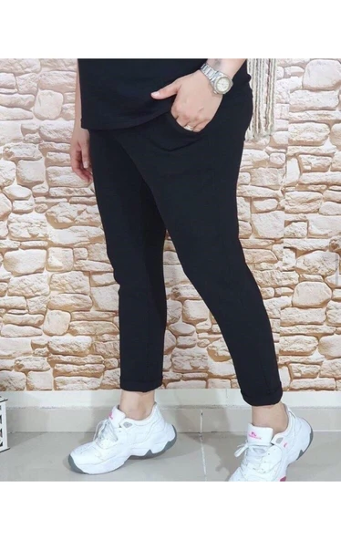 Kadın Esnek Krep Kumaş Duble Paça Beli Lastikli Siyah Pantolon - 2