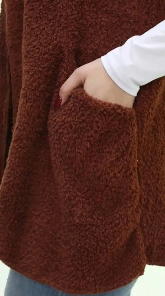 Kısmet Sepeti Kadın Peluş Welsoft Kapüşonlu Kahverengi Yelek - 3