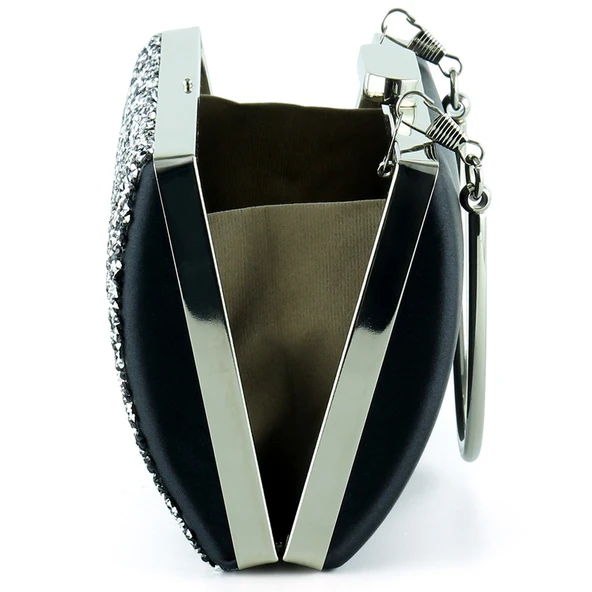 Erkan Saçmacı Siyah Saten Kristal Granül Taşlı Metal Saplı Abiye El Çantası - 3