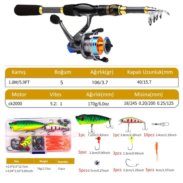 Valkyrie 1.8m Çantalı Motorlu Spin Olta Seti Silikon Rapala Misina Jighead Herşey Dahil Tam Set Ultra Hafif Tasarım - 2