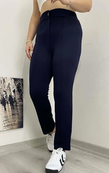 Kadın  Krep Kumaş Dar Paça Beli Lastikli Lacivert Çizgi Detaylı  Pantolon - 4