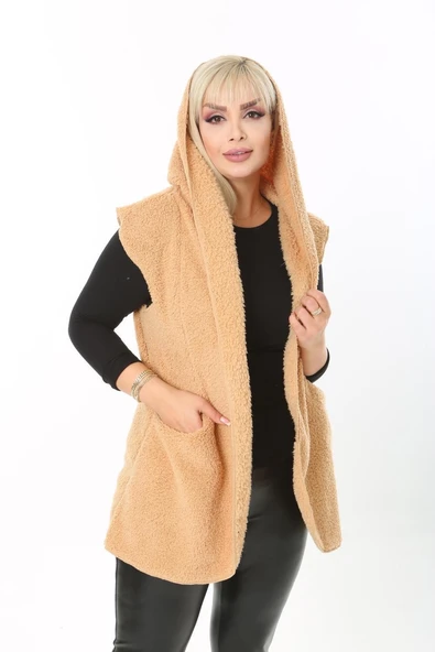 Kısmet Sepeti Kadın Peluş Welsoft Kapüşonlu Bej Yelek - 2