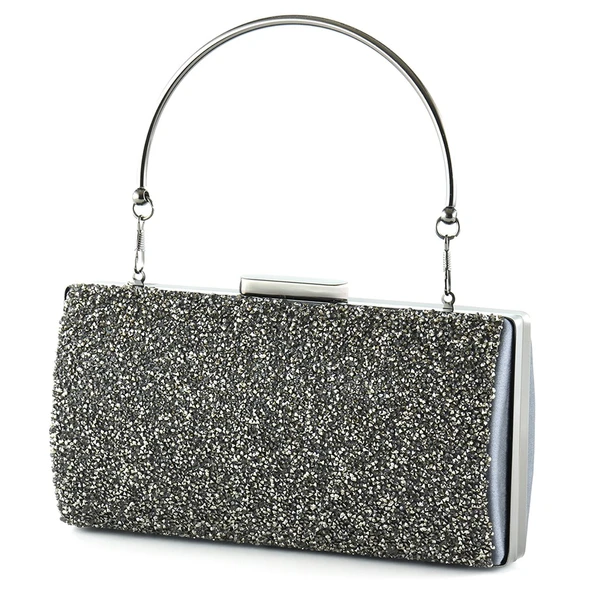 Erkan Saçmacı Antrasit Saten Kristal Granül Taşlı Metal Saplı Abiye El Çantası - 2