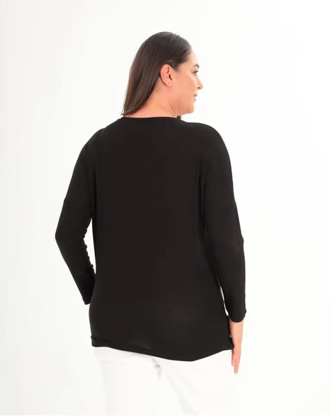 Kadın Siyah Beyaz Taşlı Yuvarlak Yaka Reglan Kol Siyah Bluz - 4