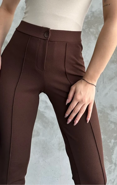 Kadın  Krep Kumaş Dar Paça Beli Lastikli Kahverengi Çizgi Detaylı  Pantolon - 2