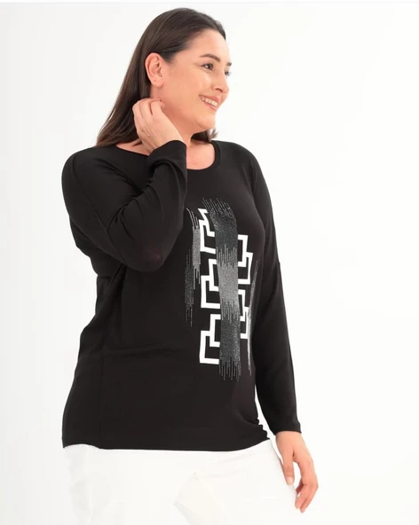 Kadın Siyah Beyaz Taşlı Yuvarlak Yaka Reglan Kol Siyah Bluz - 3
