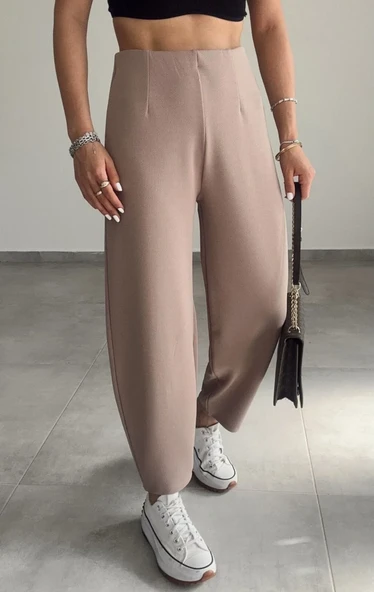 Kadın Beli Lastikli Esnek Balon Vizon Pantolon - 2