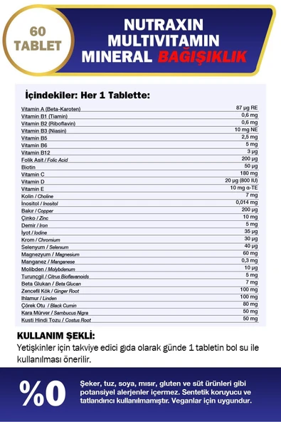 Nutraxin Multivitamin Mineral Immune Complex 60 Tbl - Magnezyum, C, D, Zinc, Demir, B12, Kolin, İyot - 3
