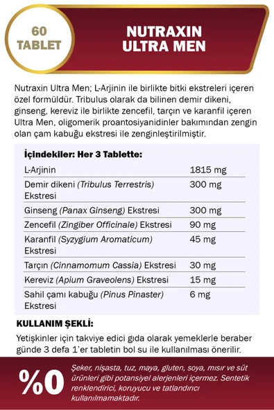 Nutraxin Ultra Men 60 Tablet - L-Arjinin, Ginseng, Zencefil, Demir dikeni, Tarçın - 2