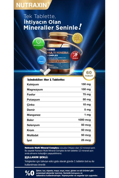 Nutraxin Multi Mineral Complex 60 Tablet Magnezyum, Kalsiyum, Çinko, Demir, İyot, Krom - 2