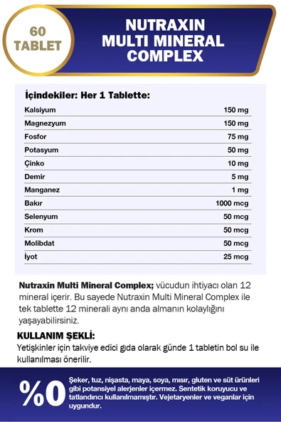 Nutraxin Multi Mineral Complex 60 Tablet Magnezyum, Kalsiyum, Çinko, Demir, İyot, Krom - 3
