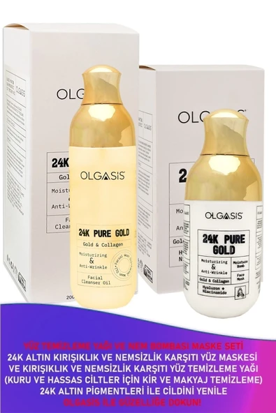 Olgasis 24K Gold Cilt & Makyaj Temizleme Yağı 200Ml + Nemlendirici Maske 100Ml - Vitamin E, Derinlemesine Temizlik & Nem Bakımı