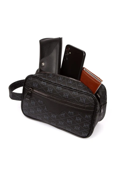 Unisex Siyah Desenli Kumaş Vegan Deri Suya Dayanıklı Elegan Portföy Stil El Çantası