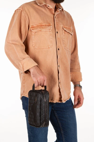 Unisex Siyah Desenli Kumaş Vegan Deri Suya Dayanıklı Elegan Portföy Stil El Çantası - 4