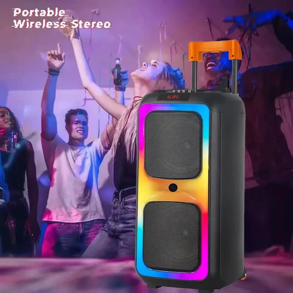 Büyük Boy Bluetooth Hoparlör Kablosuz Mikrofon Kumanda Tekerlek USB BT TF FM Destekli Party Speaker - 4