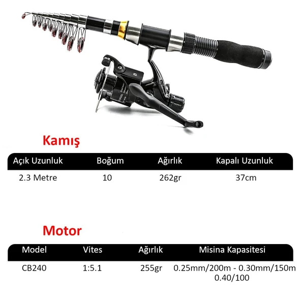 Valkyrie 1. Kalite Tam Takım Balık Olta Seti 2.3m Çantalı Aksesuarlı 10 Boğum Teleskopik Kamış CB240 Motor - 2