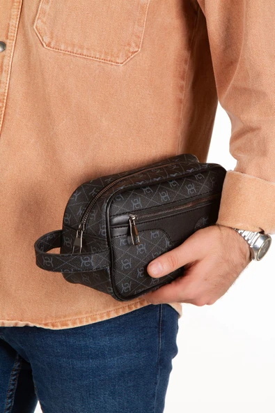 Unisex Siyah Desenli Kumaş Vegan Deri Suya Dayanıklı Elegan Portföy Stil El Çantası - 2