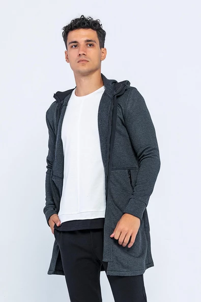 Erkek Kapüşonlu Fermuarlı Çift Cepli Kalın Uzun Hırka - 7