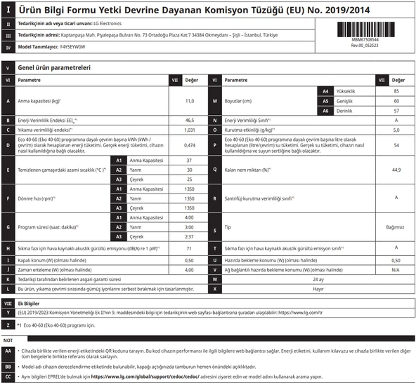 LG F4Y5EYW0W 1400 Devir 11 KG Çamaşır Makinesi - Resim 7