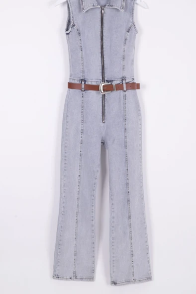Dekoratif Kemer Detaylı Ve Kolsuz Fermuarlı Rahat Kot Kadın Tulum Kar Yıkama Açık Mavi Denim