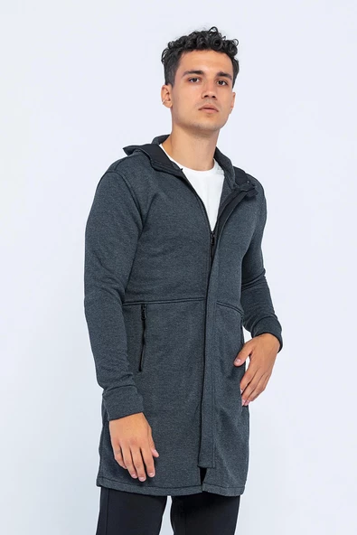 Erkek Kapüşonlu Fermuarlı Çift Cepli Kalın Uzun Hırka - 8