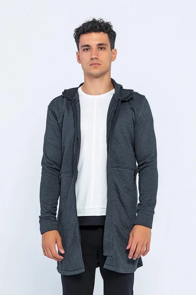 Erkek Kapüşonlu Fermuarlı Çift Cepli Kalın Uzun Hırka - 6