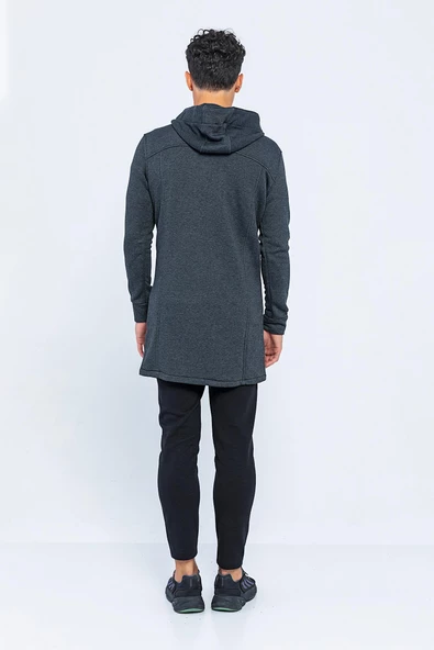 Erkek Kapüşonlu Fermuarlı Çift Cepli Kalın Uzun Hırka - 9