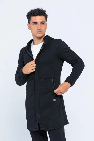 Erkek Kapüşonlu Fermuarlı Çift Cepli Kalın Uzun Hırka - 5