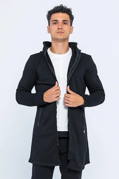 Erkek Kapüşonlu Fermuarlı Çift Cepli Kalın Uzun Hırka - 2