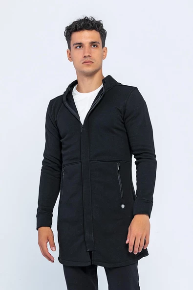 Erkek Kapüşonlu Fermuarlı Çift Cepli Kalın Uzun Hırka - 4