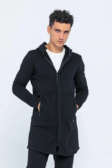 Erkek Kapüşonlu Fermuarlı Çift Cepli Kalın Uzun Hırka - 10