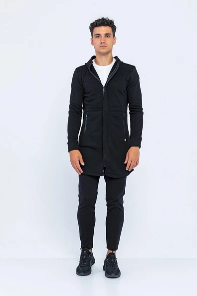 Erkek Kapüşonlu Fermuarlı Çift Cepli Kalın Uzun Hırka - 3