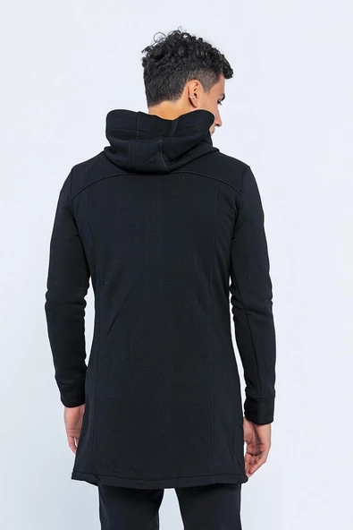 Erkek Kapüşonlu Fermuarlı Çift Cepli Kalın Uzun Hırka - 12