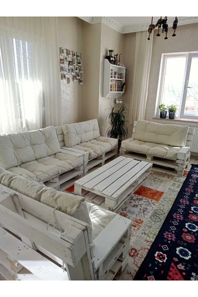 Dış Mekan Palet Minderi Seti Takımı Krem 120x80 120x40 Rmskrem