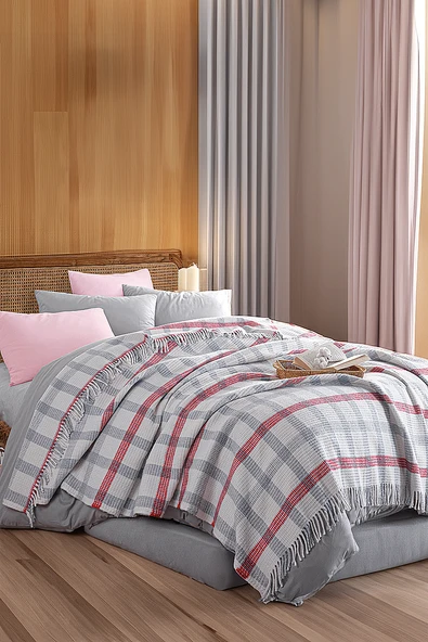 Upstyle Battaniye Pamuklu Çift Kişilik Warm Soft Gri-Kırmızı - 2