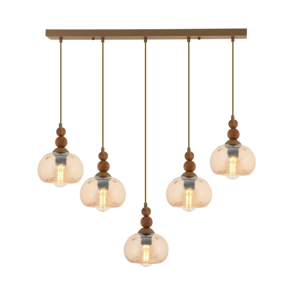 Apliqa Vinta 5'li Sıralı Eskitme Ahşap Detaylı Bohem Salon Sarkıt Avize ürün görseli