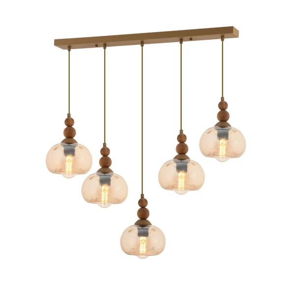 Apliqa Vinta 5'li Sıralı Eskitme Ahşap Detaylı Bohem Salon Sarkıt Avize - Resim 2