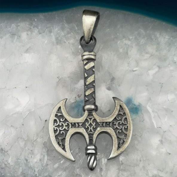 Çift Taraflı Balta Tasarımlı 925 Ayar Gümüş Kolye Ucu - 3