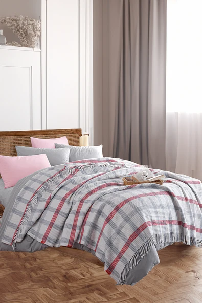 Upstyle Battaniye Pamuklu Çift Kişilik Warm Soft Gri-Kırmızı
