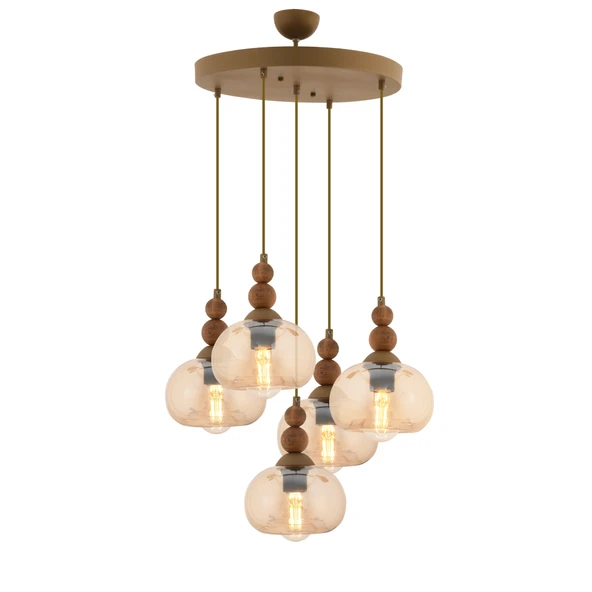 Apliqa Vinta 5'li Yuvarlak Eskitme Ahşap Detaylı Bohem Salon Sarkıt Avize ürün görseli