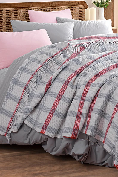 Upstyle Battaniye Pamuklu Çift Kişilik Warm Soft Gri-Kırmızı - 3